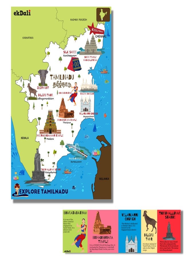 EKDALI Explore Tamil Nadu State -Famous Tourist Places like Temple,Dance & Clothing, Animals,Monuments |Tamil Nadu Map for kids,educational purpose for kids | Size 12 x19 inches - rolled - Image 2